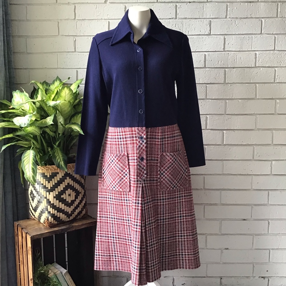 Vintage Plaid Dress Butte Knit Wool Blend Long Sleeve